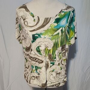 Chicos White and Green Paisley Swirl Short Sleeve Top Sz 2 with Side Ruching